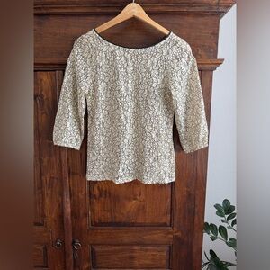 LOFT Lace Top Cream Black Lace 3/4 Sleeve Femenine Chic Blouse Button Back